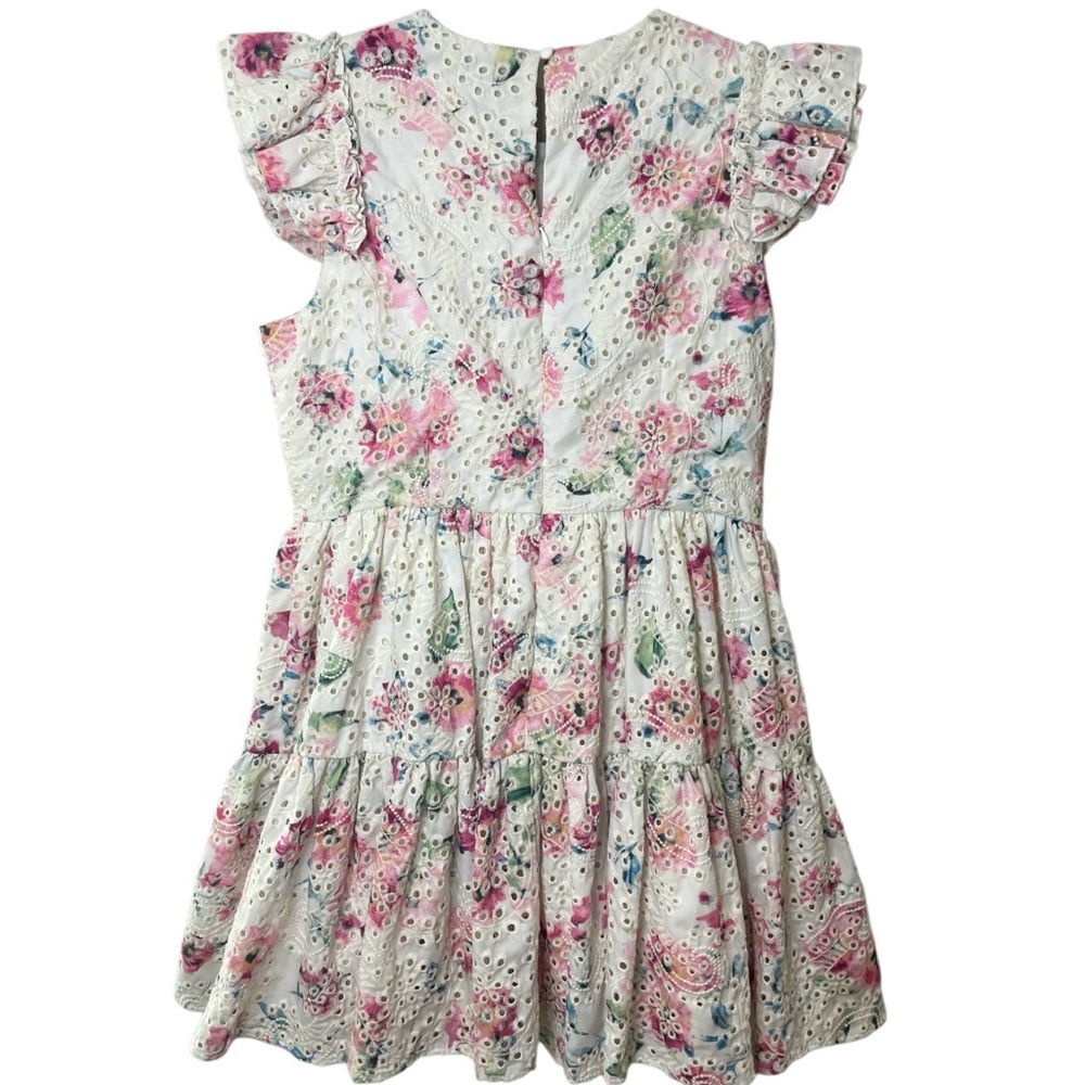 Aqua Eyelet Floral Tiered Mini Dress Ruffle Sleeves Demure Romantic SZ L EUC - Picture 8 of 10